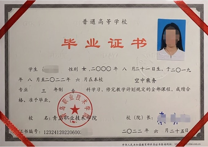 嘉祥青岛职业技术学院毕业证样本图片